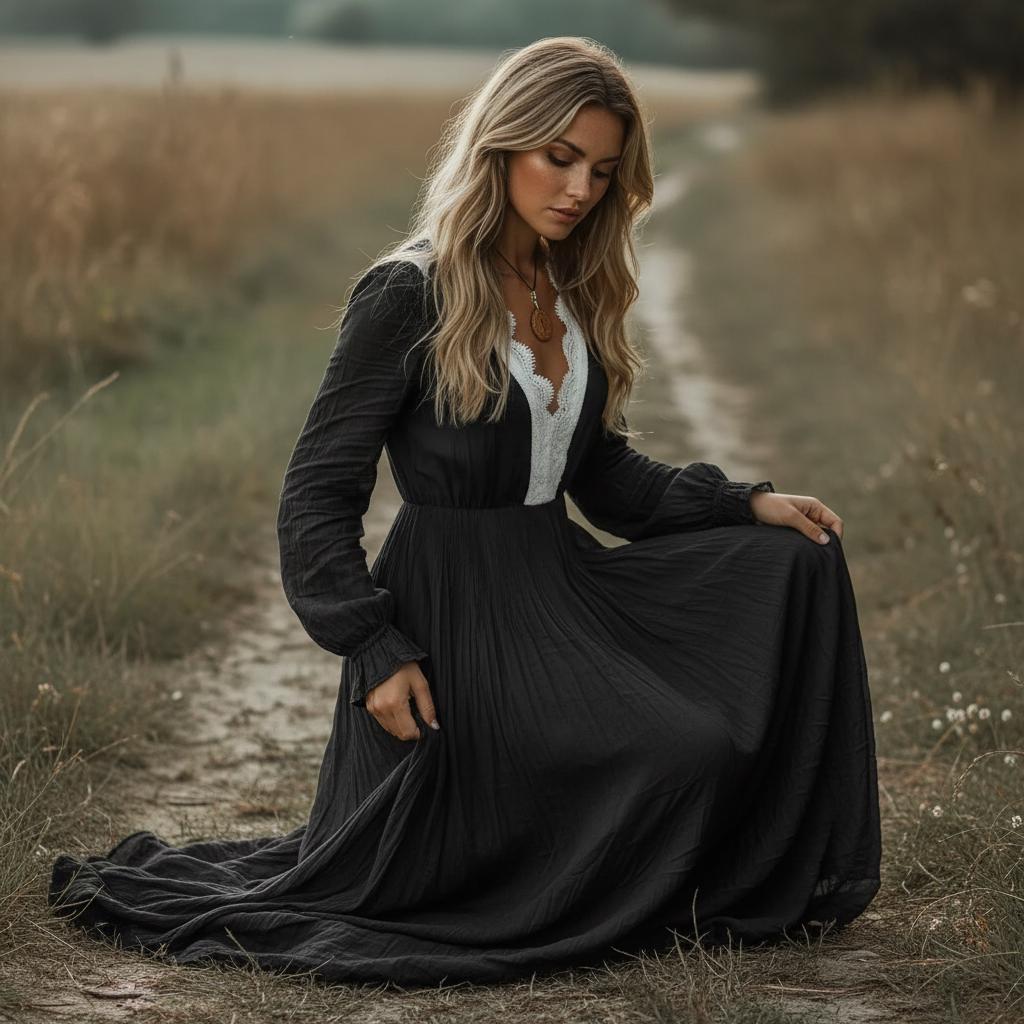 Retro Boho Lace Long Dress High Waist Floral V Neck Maxi Dress