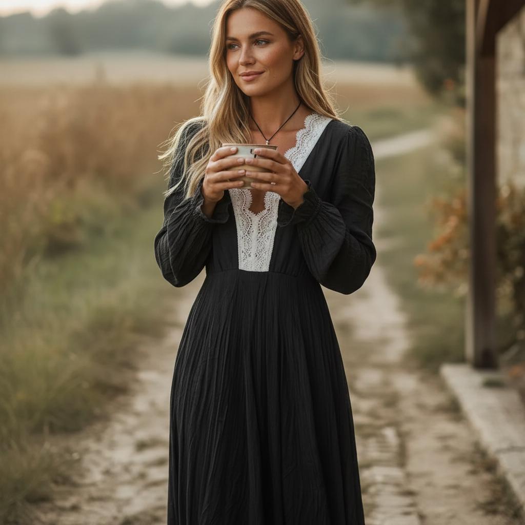 Retro Boho Lace Long Dress High Waist Floral V Neck Maxi Dress