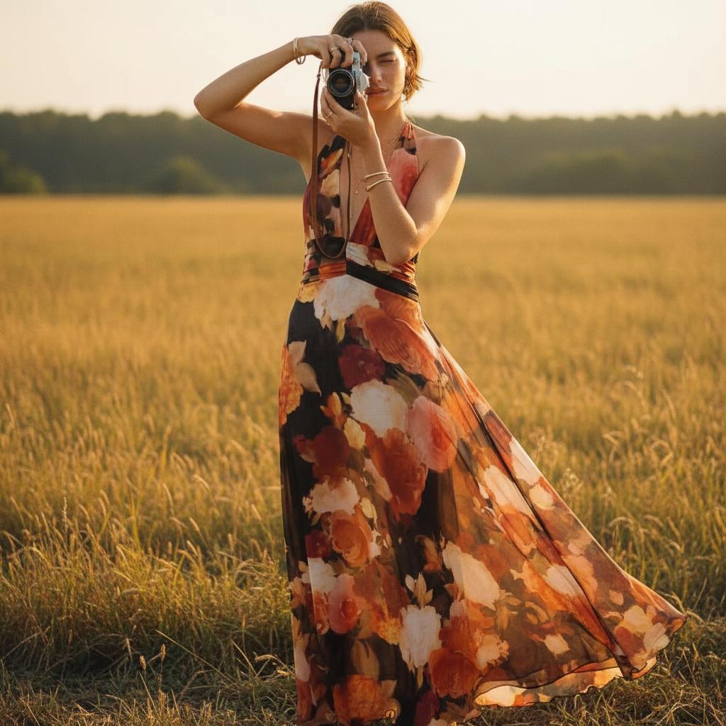Boho Backless Maxi Dress Deep V Neck Halter Summer Ruffle Dress