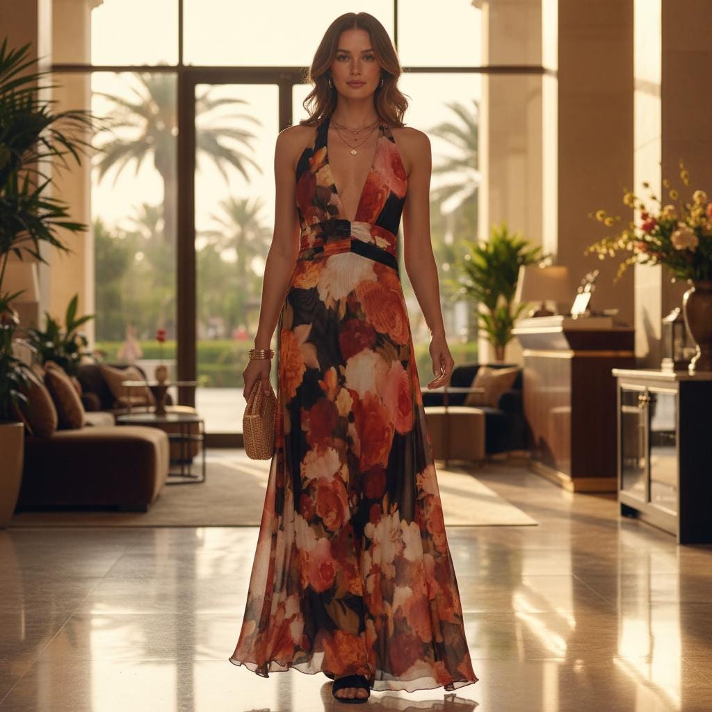 Boho Backless Maxi Dress Deep V Neck Halter Summer Ruffle Dress