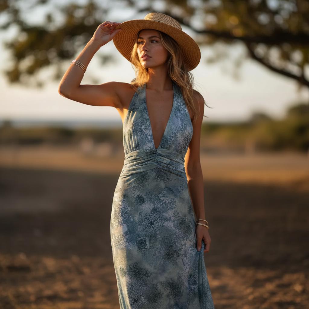 Sexy Boho Maxi Dress Halter Backless Deep V Neck Summer Dress
