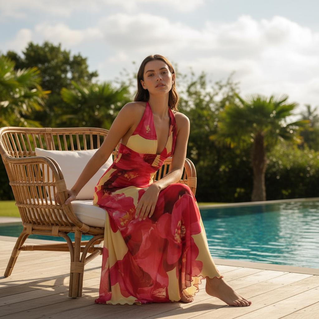 Summer Boho Halter Maxi Dress Backless Deep V Flowy Ruffle Dress