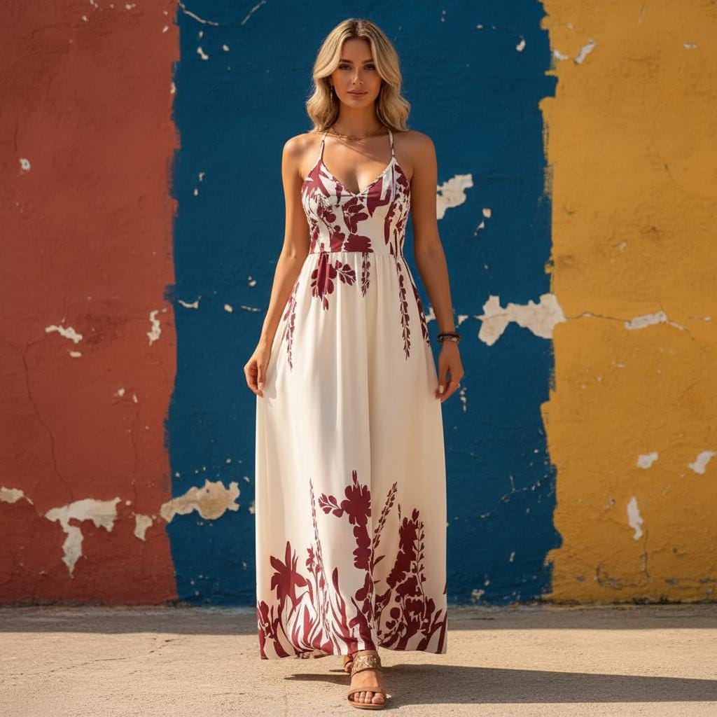 Tropical Backless Halter Maxi Dress Ethnic Print Beach Vacation Dress