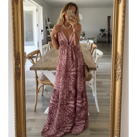 Boho Floral Maxi Dress Strapless High Waist Summer Gown