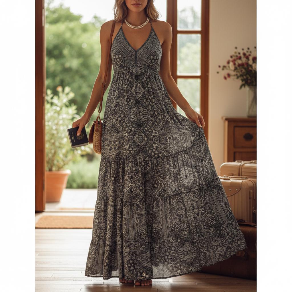 Women Boho Floral Maxi Dress High Waist Strapless Summer Outfit