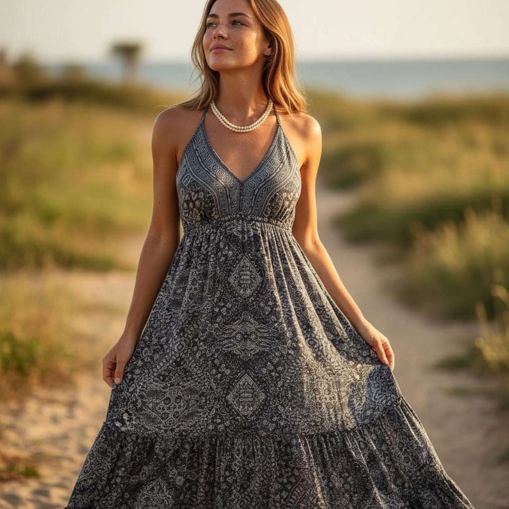 Women Boho Floral Maxi Dress High Waist Strapless Summer Outfit