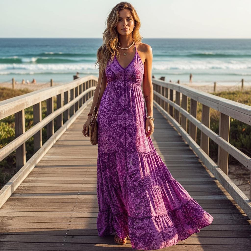Bohemian Strapless Maxi Dress Floral High Waist Beach Dress