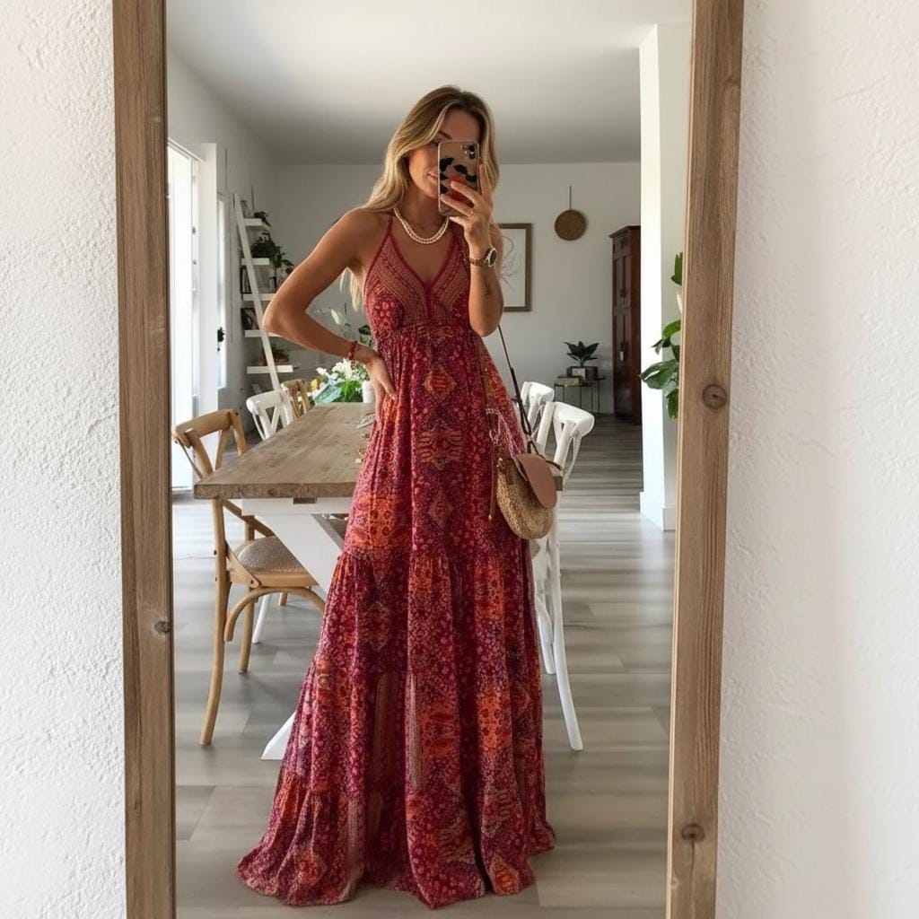 Floral Boho Maxi Dress Strapless Long Summer Beach Gown