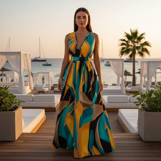 Abstract Print Sleeveless V-Neck Maxi Dress Beach Casual Summer