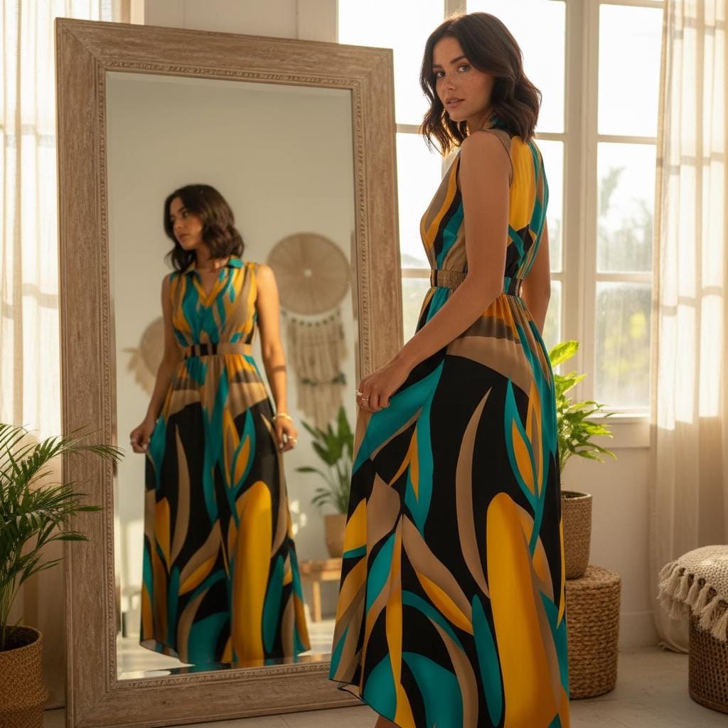 Abstract Print Sleeveless V-Neck Maxi Dress Beach Casual Summer