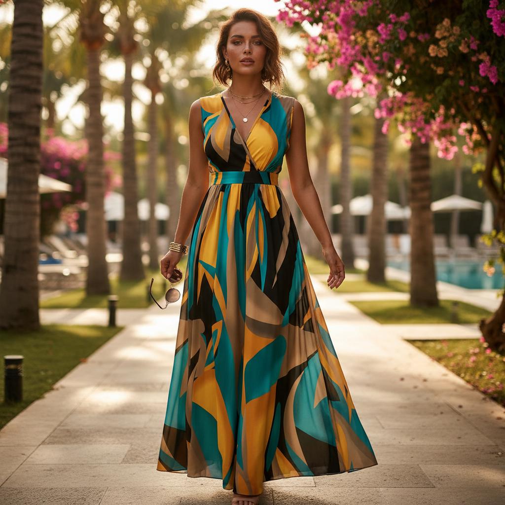 Abstract Print Sleeveless V-Neck Maxi Dress Beach Casual Summer