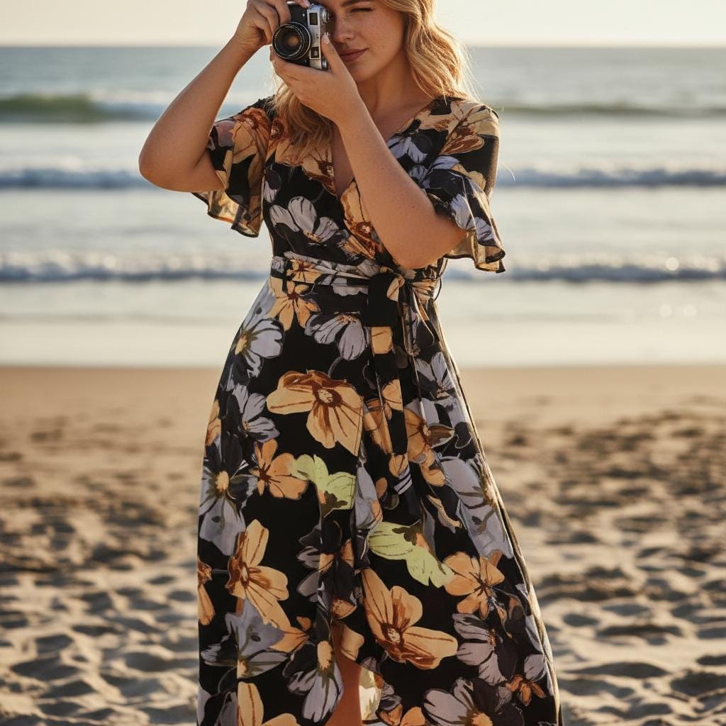 Plus Size Boho V Neck Fishtail Maxi Dress Flowy Trumpet Sleeve