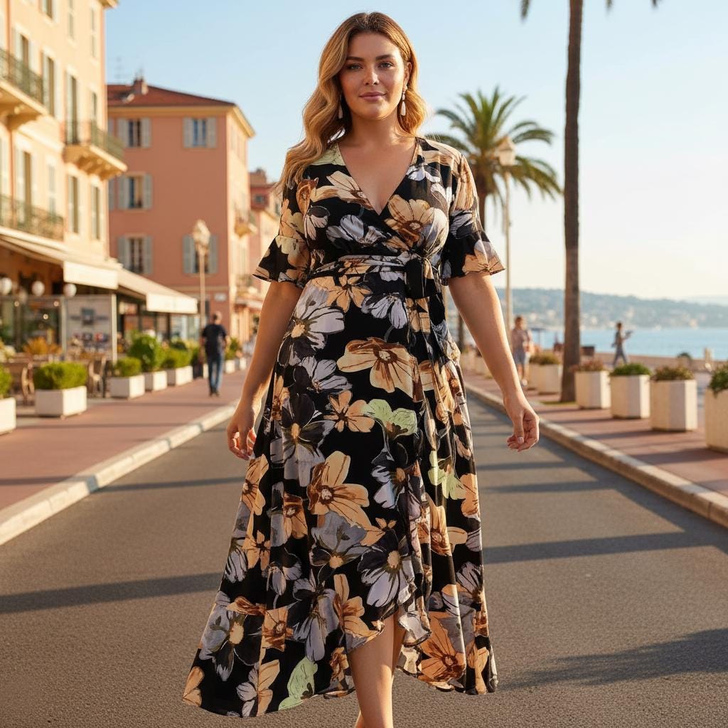 Plus Size Boho V Neck Fishtail Maxi Dress Flowy Trumpet Sleeve