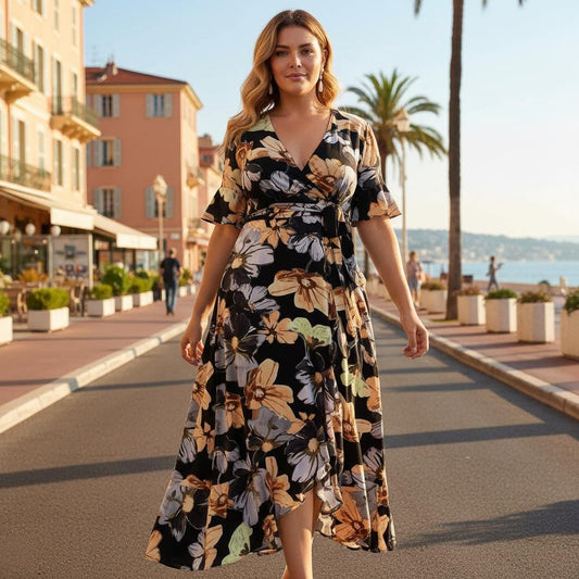 Plus Size Boho V Neck Fishtail Maxi Dress Flowy Trumpet Sleeve
