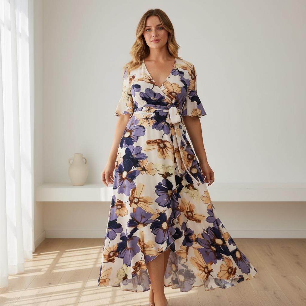 Plus Size Boho Printed Maxi Dress V Neck Flowy Fishtail Hem