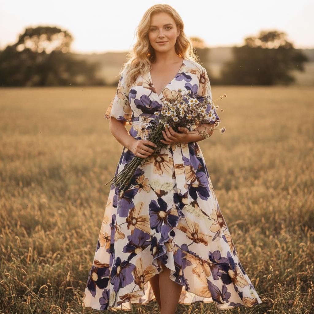 Plus Size Boho Printed Maxi Dress V Neck Flowy Fishtail Hem