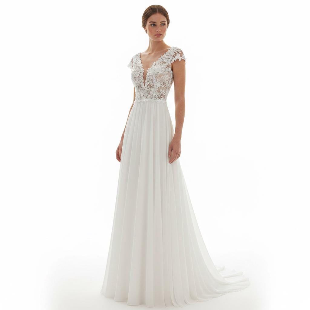 Boho Lace A-Line Wedding Dress V Neck Open Back Bridal Gown