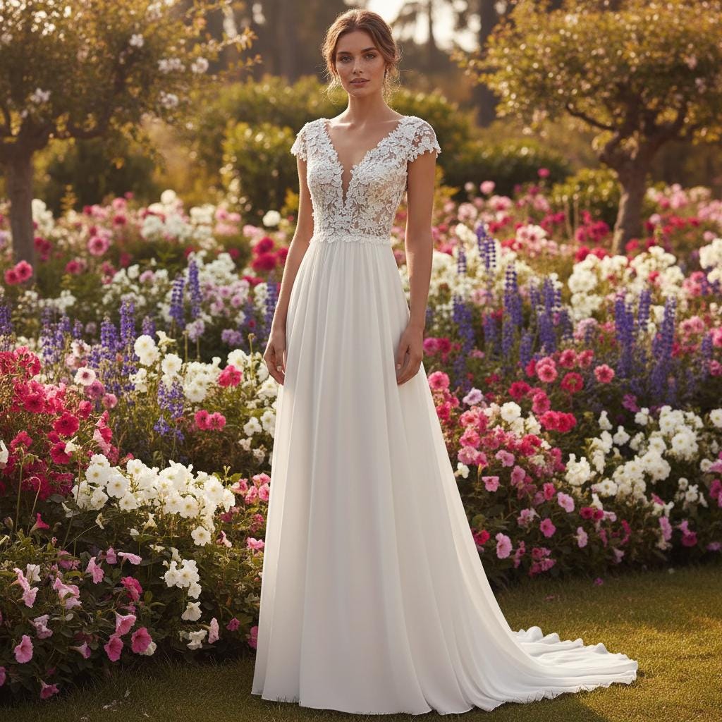 Boho Lace A-Line Wedding Dress V Neck Open Back Bridal Gown