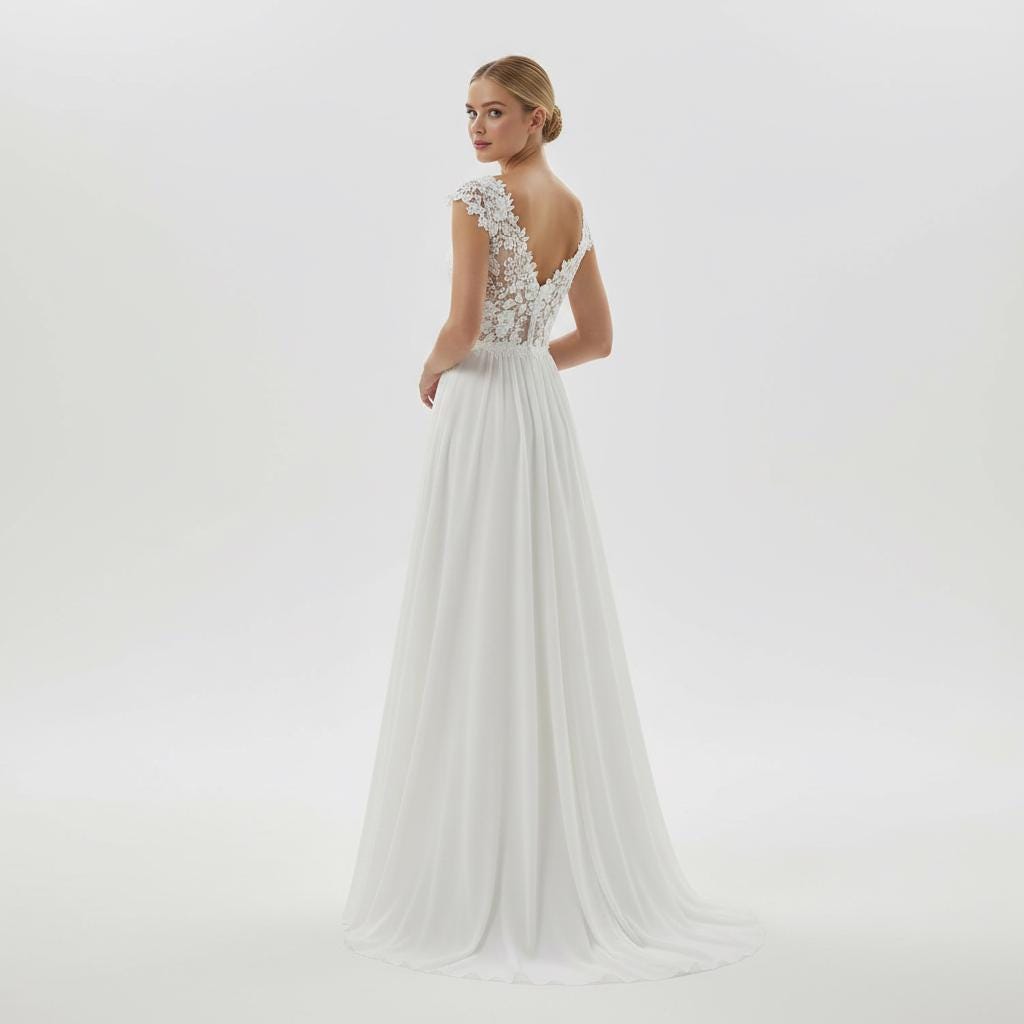 Boho Lace A-Line Wedding Dress V Neck Open Back Bridal Gown
