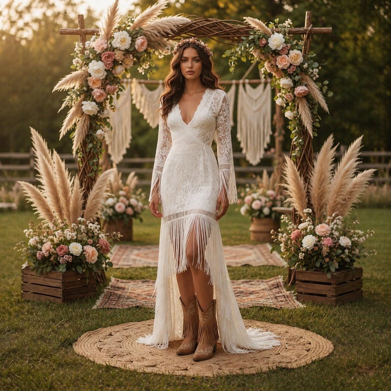 Simple Boho Lace Wedding Dress White Fringe Sleeve Elopement Maxi