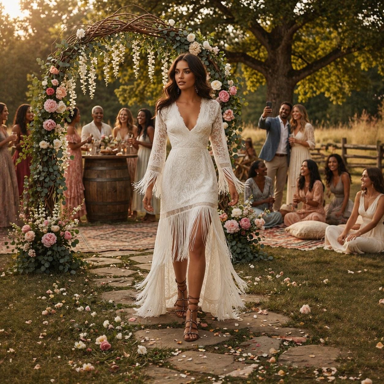 Simple Boho Lace Wedding Dress White Fringe Sleeve Elopement Maxi