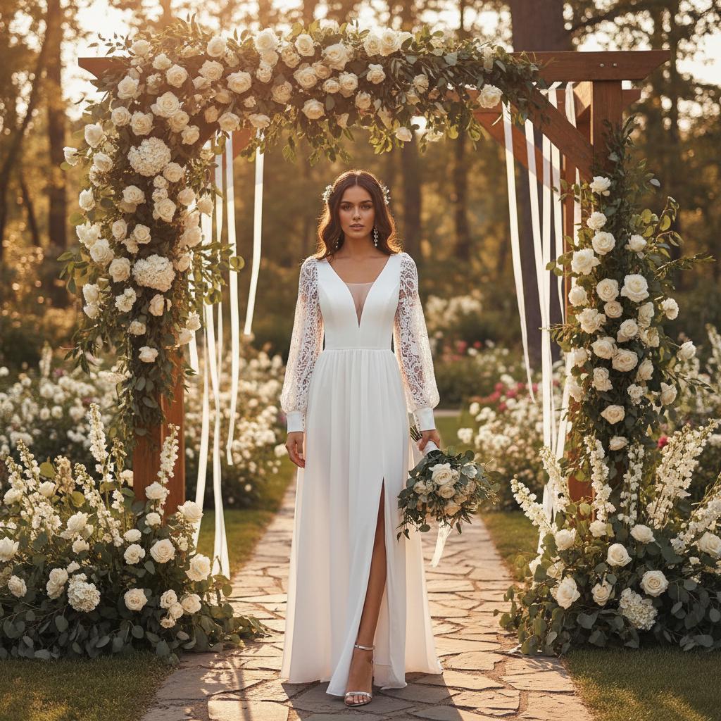 Boho Lace Chiffon Wedding Dress Long Sleeve Elopement A-Line Slit