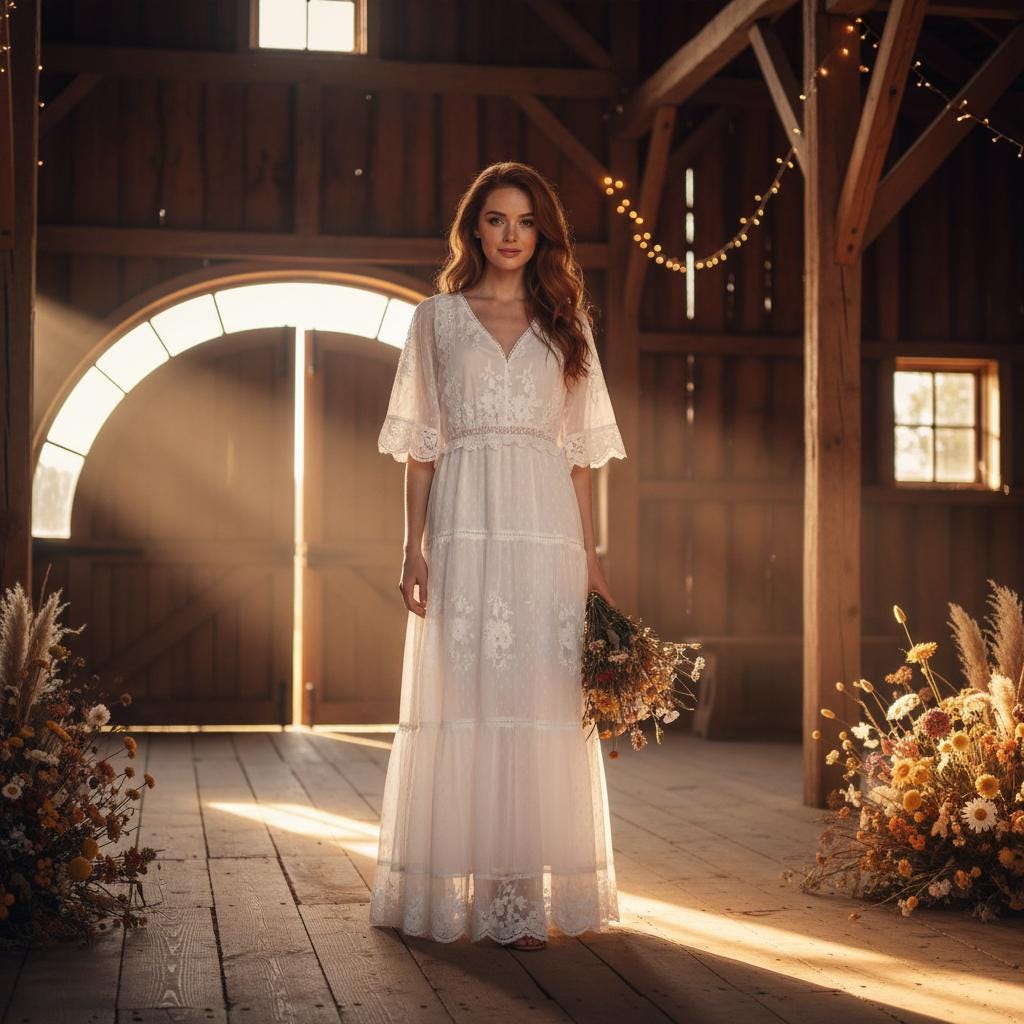 Simple Boho Lace Wedding Dress White V Neck Elopement Maxi Dress