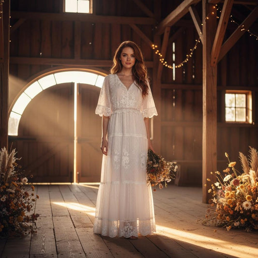 Simple Boho Lace Wedding Dress White V Neck Elopement Maxi Dress