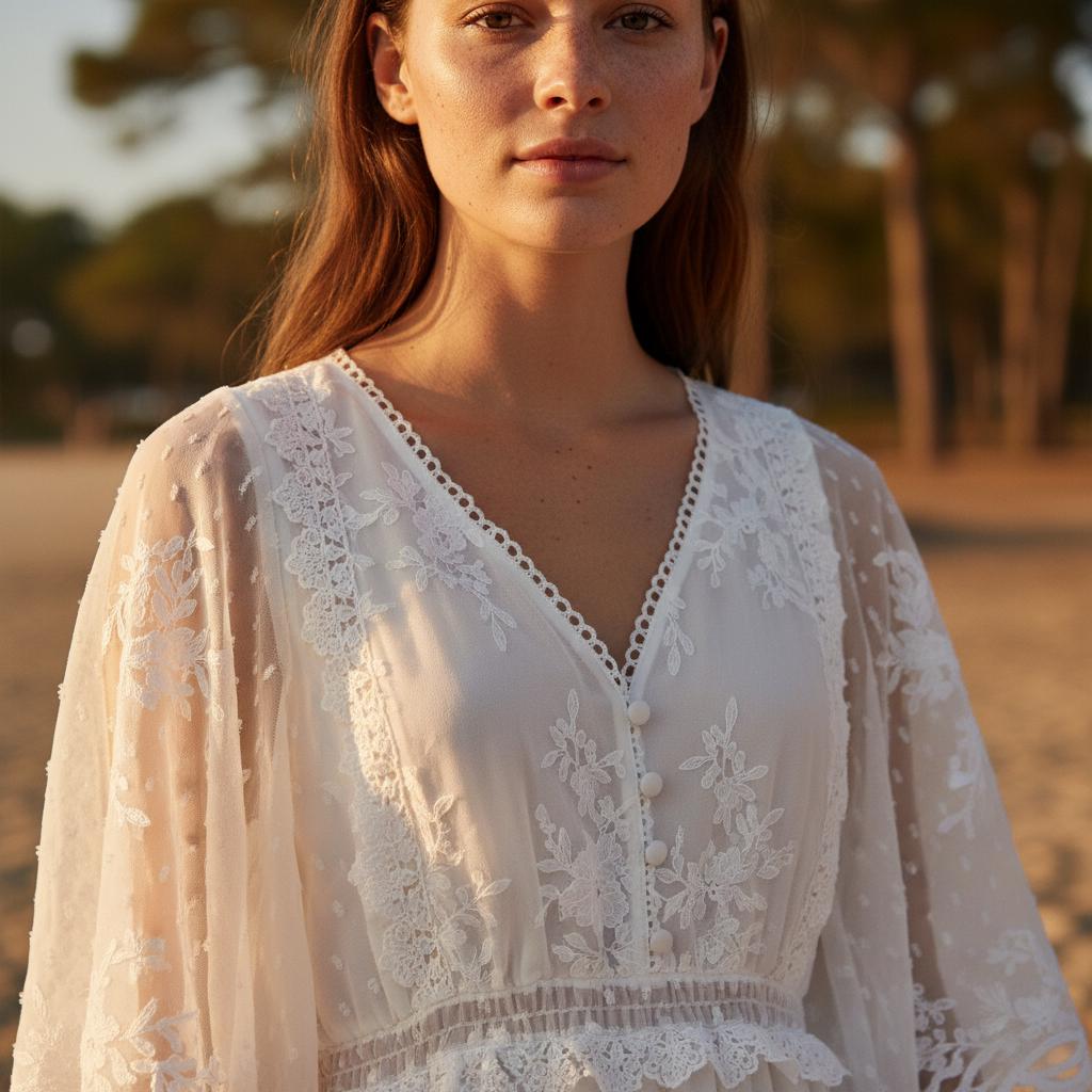 Simple Boho Lace Wedding Dress White V Neck Elopement Maxi Dress