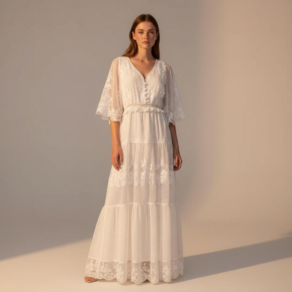 Simple Boho Lace Wedding Dress White V Neck Elopement Maxi Dress