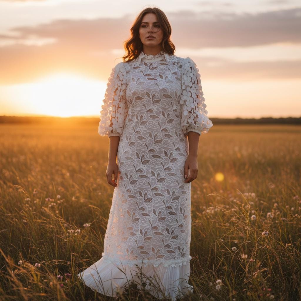 White Lace Midi Dress Puff Sleeve Elegant Wedding Guest Boho Dress