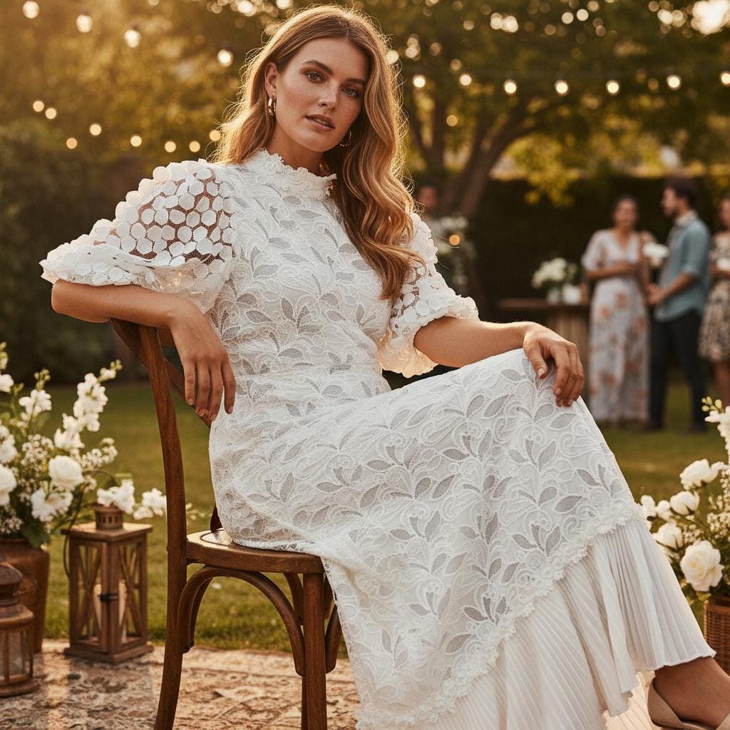 White Lace Midi Dress Puff Sleeve Elegant Wedding Guest Boho Dress