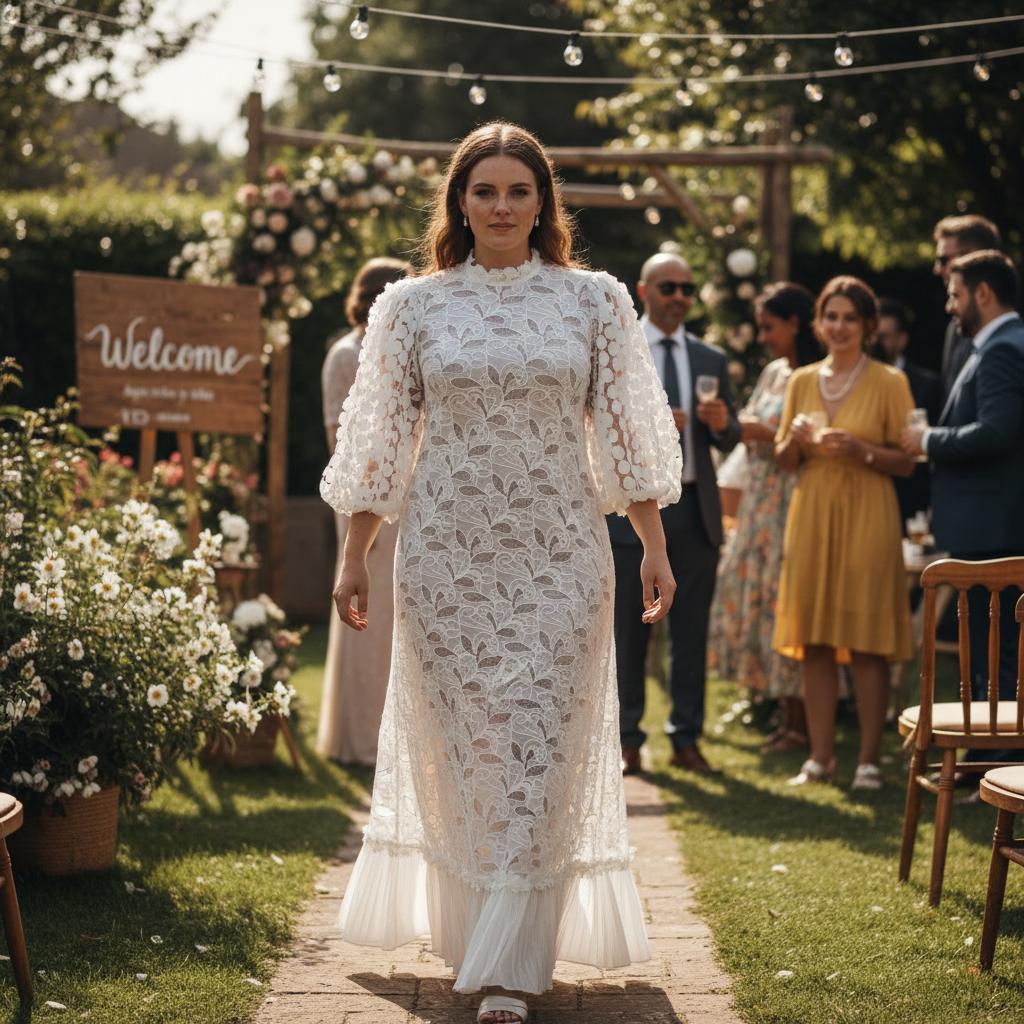 White Lace Midi Dress Puff Sleeve Elegant Wedding Guest Boho Dress