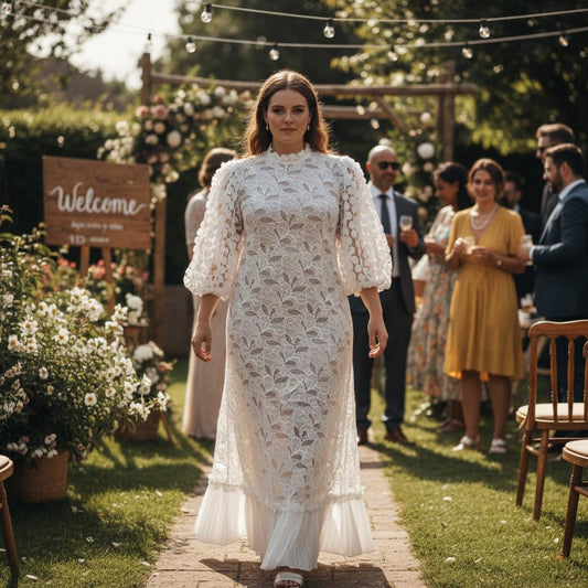 White Lace Midi Dress Puff Sleeve Elegant Wedding Guest Boho Dress