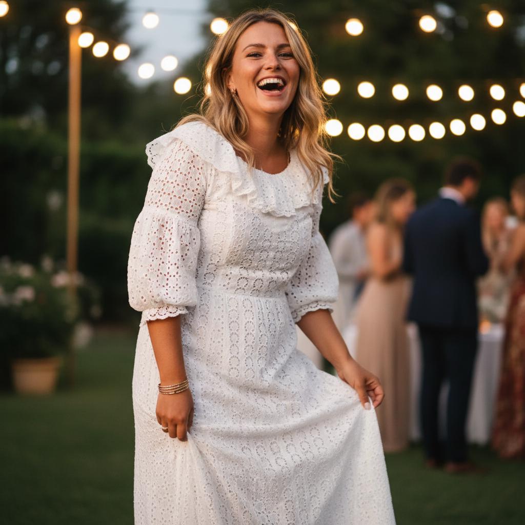 Elegant White Lace Midi Dress Puff Sleeve Wedding Guest Party Dress