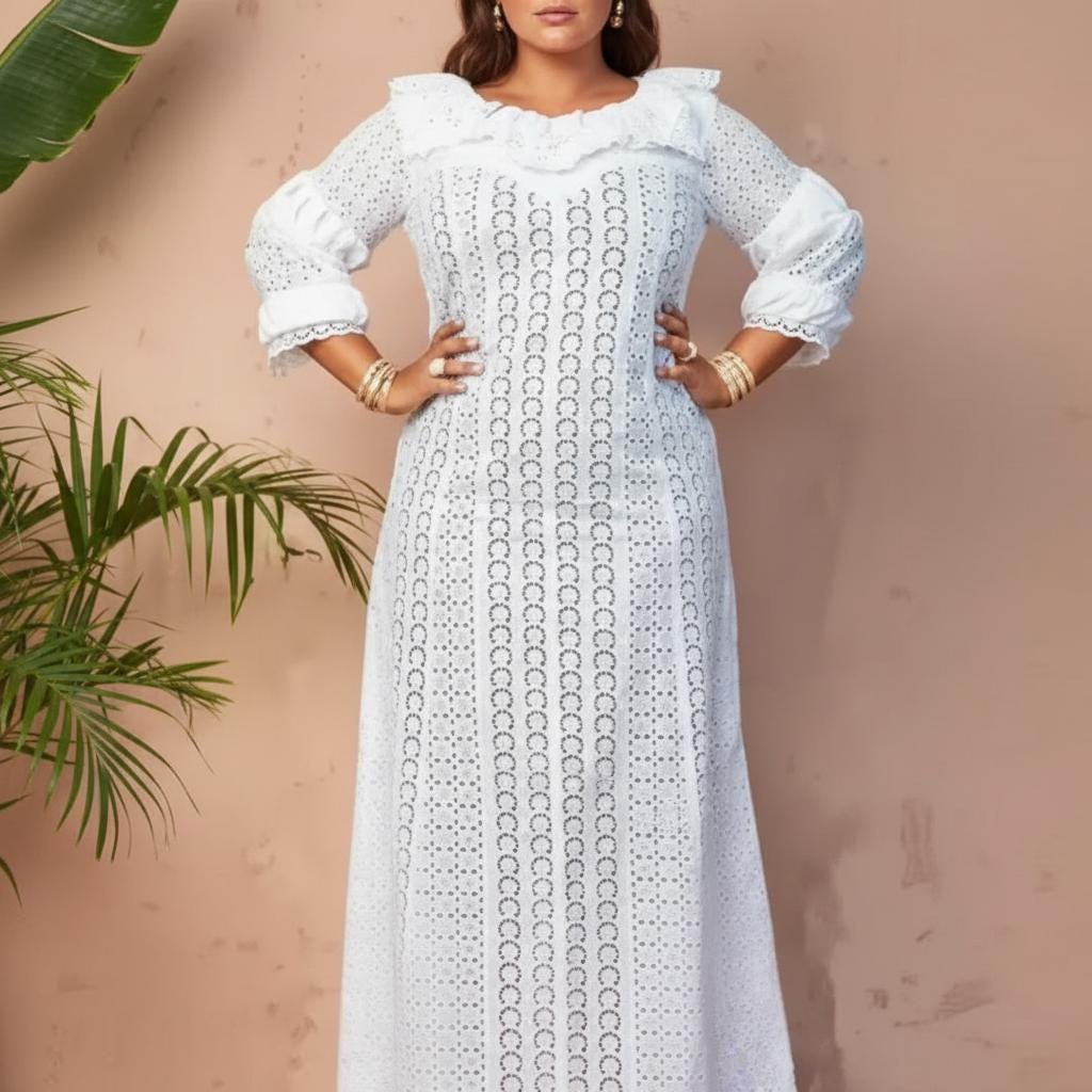 Elegant White Lace Midi Dress Puff Sleeve Wedding Guest Party Dress
