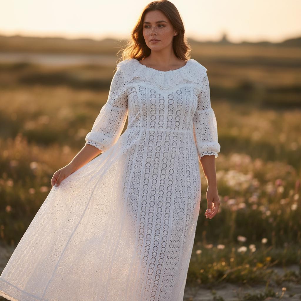 Elegant White Lace Midi Dress Puff Sleeve Wedding Guest Party Dress