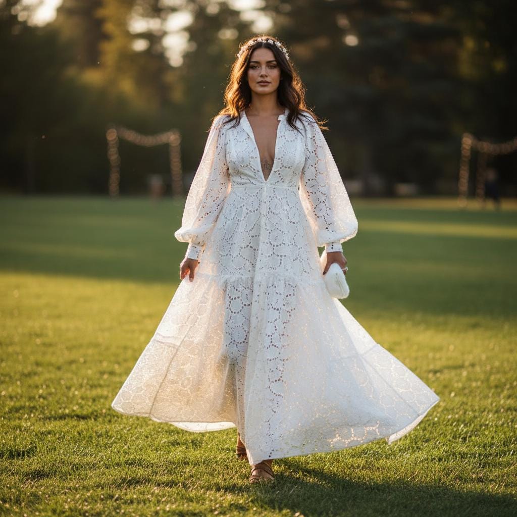 Elegant White Lace Midi Dress Puff Sleeve Wedding Guest Party Dress