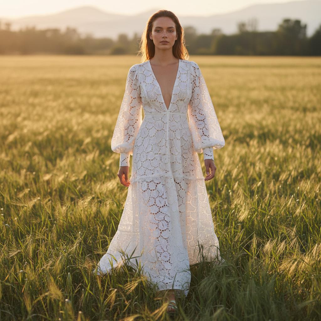 White Boho Lace Midi Dress Puff Sleeve Pleated Elegant Occasion Dress