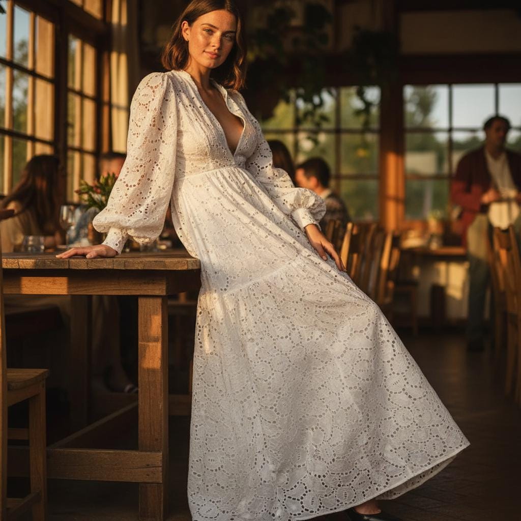White Boho Lace Midi Dress Puff Sleeve Pleated Elegant Occasion Dress