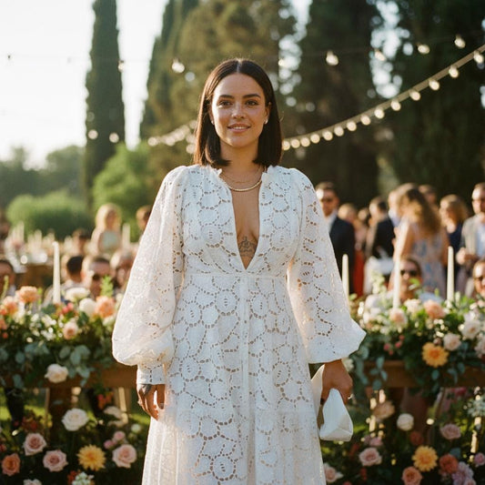 White Boho Lace Midi Dress Puff Sleeve Pleated Elegant Occasion Dress