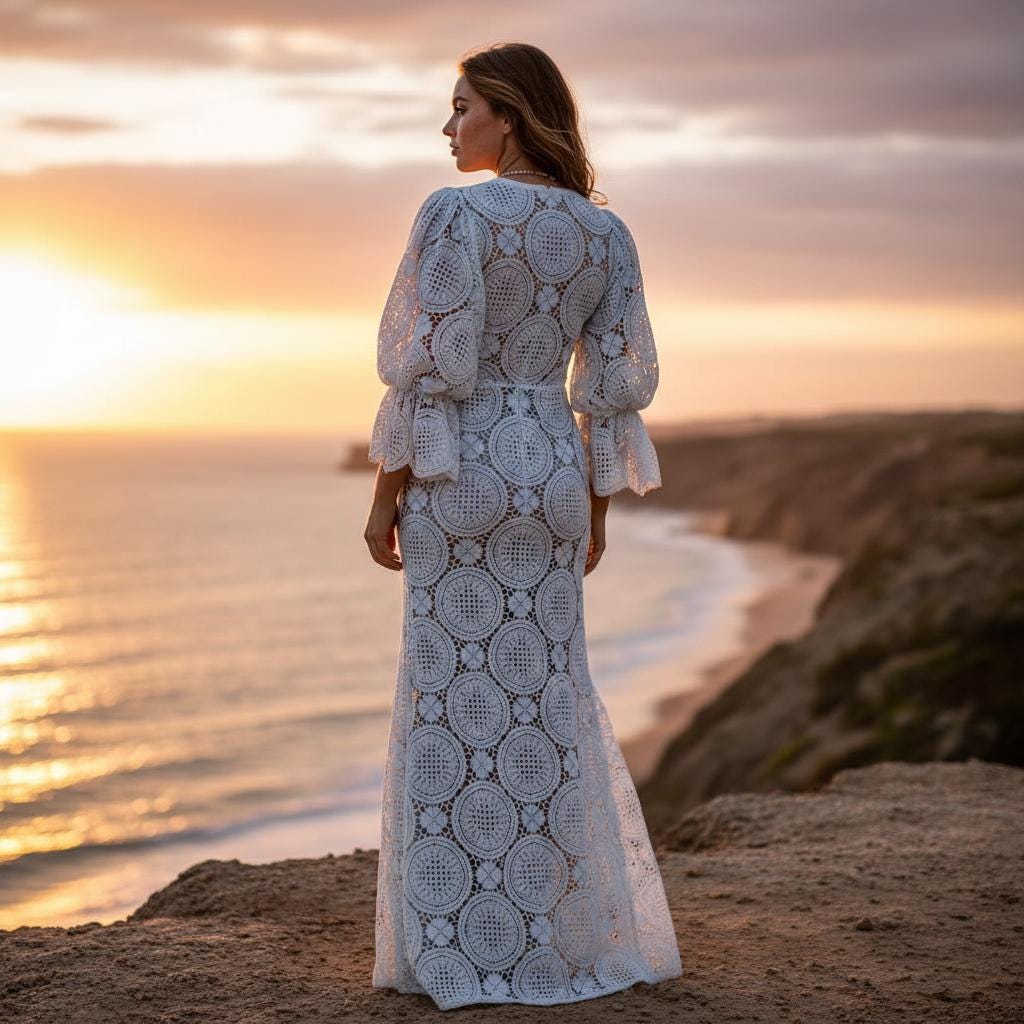 Luxury White Lace Midi Dress Puff Sleeve Wedding Guest Boho Chic Dress