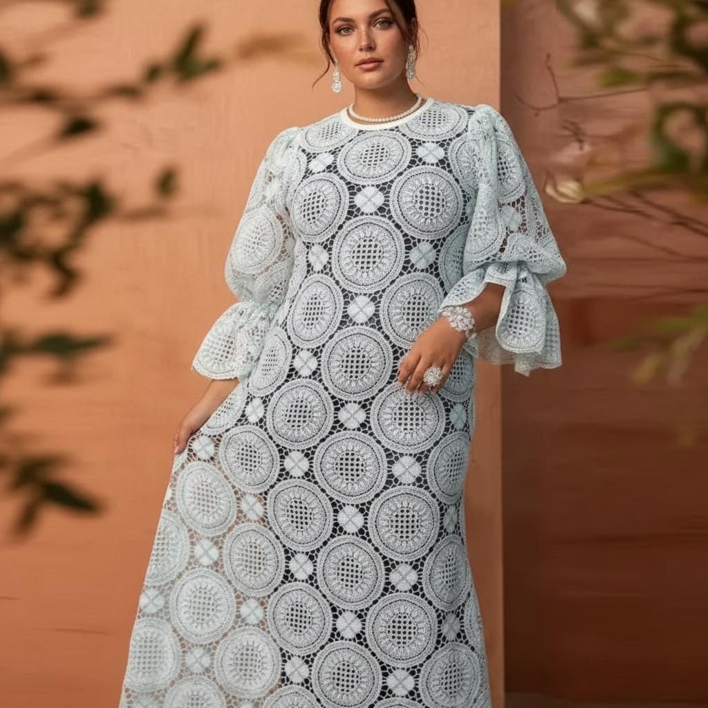 Luxury White Lace Midi Dress Puff Sleeve Wedding Guest Boho Chic Dress