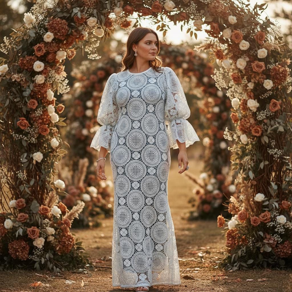 Luxury White Lace Midi Dress Puff Sleeve Wedding Guest Boho Chic Dress