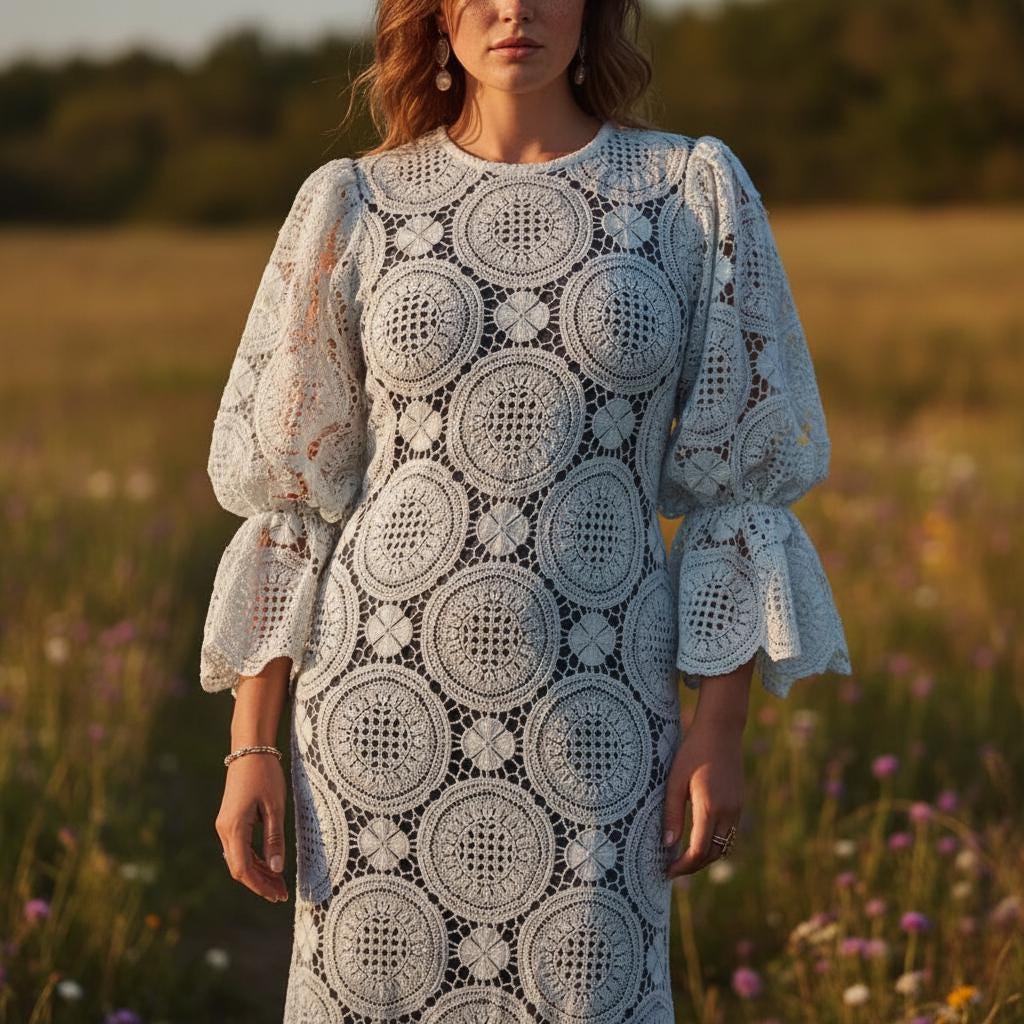 Luxury White Lace Midi Dress Puff Sleeve Wedding Guest Boho Chic Dress