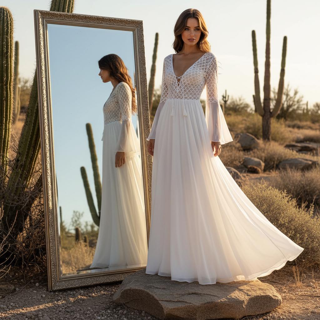Simple Boho Lace Wedding Maxi Dress Flare Sleeve Elopement Bridal Gown