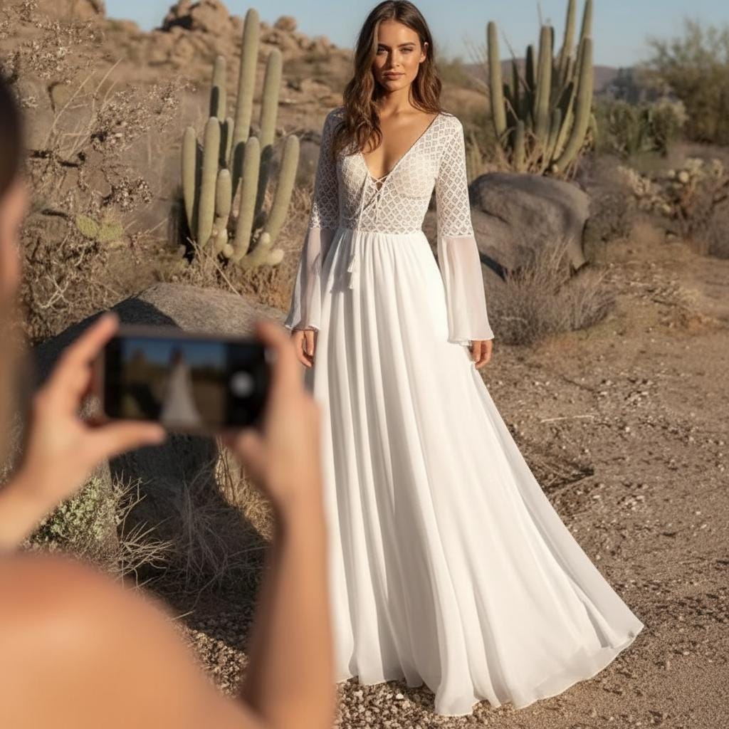 Simple Boho Lace Wedding Maxi Dress Flare Sleeve Elopement Bridal Gown