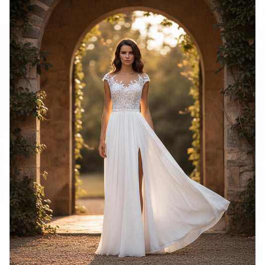 Boho Lace V Neck Wedding Dress Chiffon Slit Elopement Bridal Gown