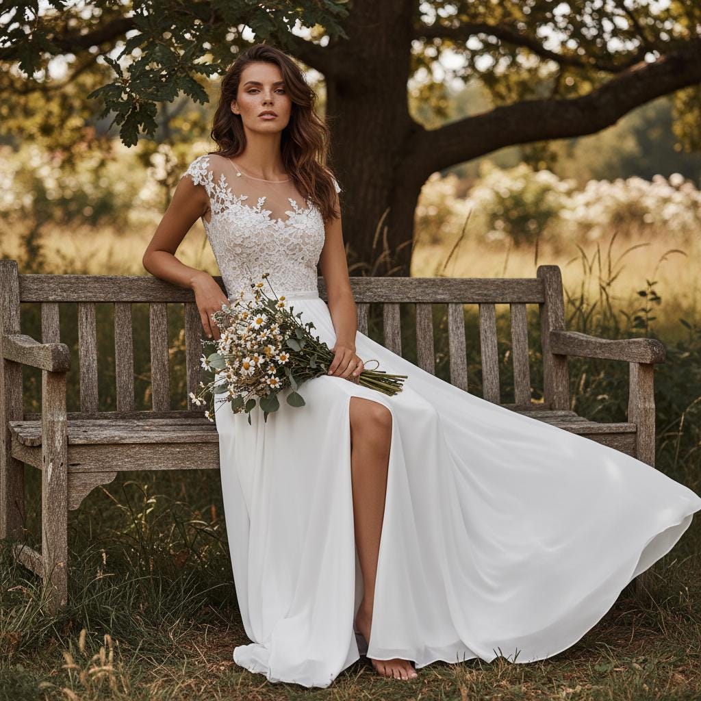 Boho Lace V Neck Wedding Dress Chiffon Slit Elopement Bridal Gown