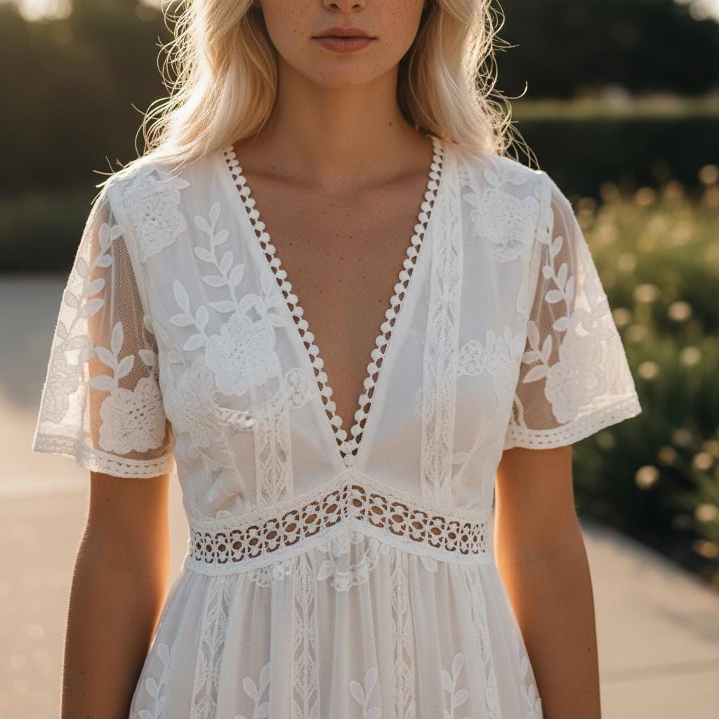 Simple Boho White Lace Maxi Dress Embroidery Loose Vacation Wedding Dress